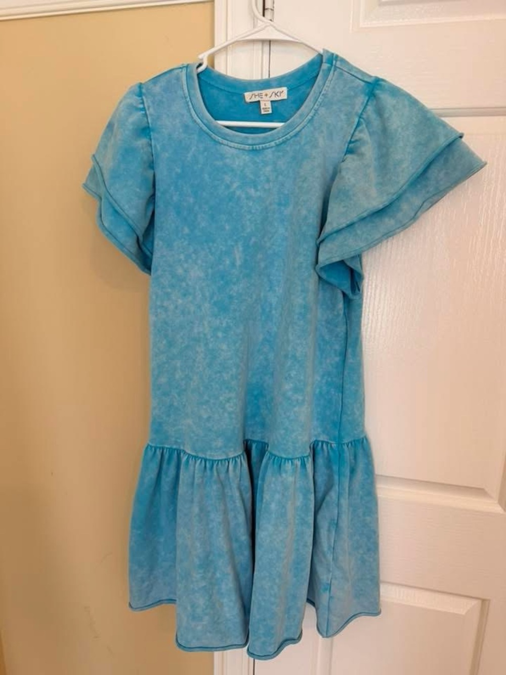 She + Sky Light Blue Ruffle-Sleeve Mini Dress